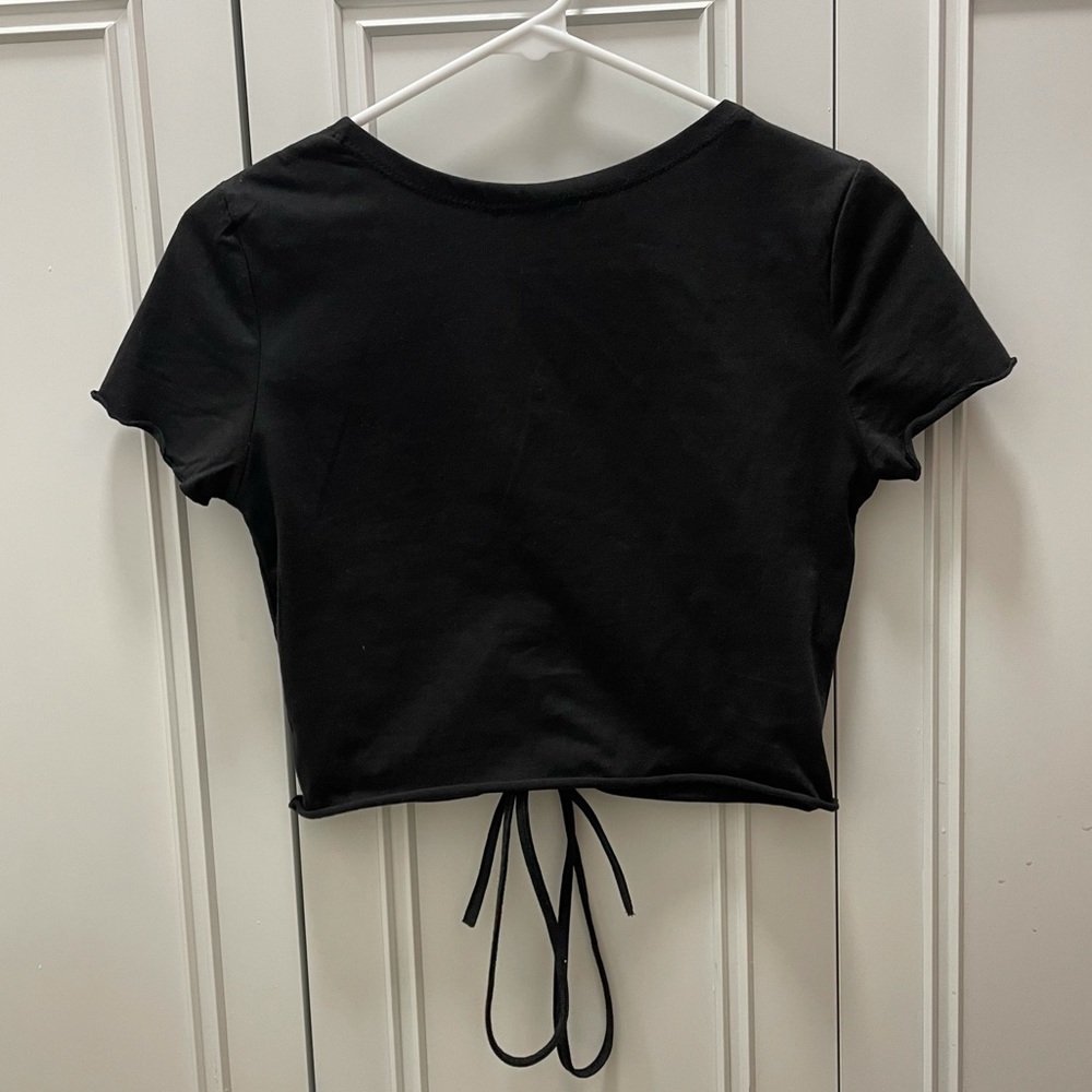 Shein Black Cropped Drawstring Ruched Tee, Size M - Picture 3 of 6